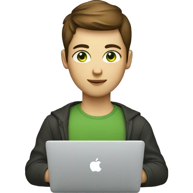 Brown short haired, green eyes, developer with macbook emoji
