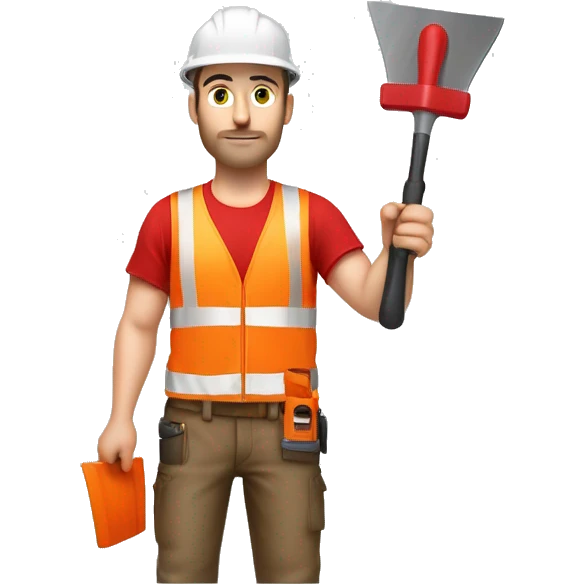a caucasian construction worker from the chest up looking frontal, wearing a red hard hat and high-visibility vest, underneath he is wearing a red t-shirt, holding a gauging trowel emoji