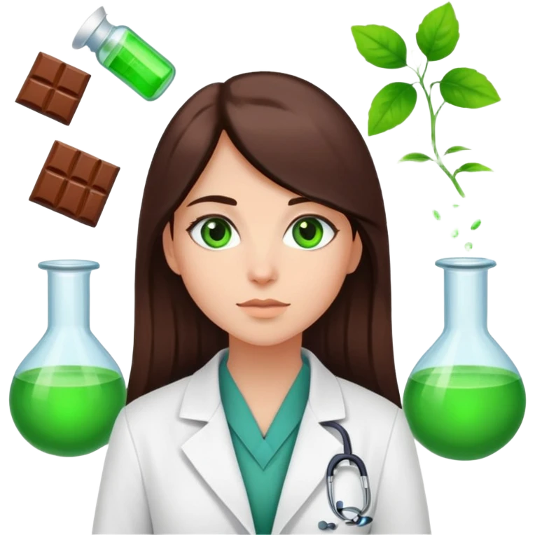 a girl of European appearance with chocolate straight hair and green eyes, she works as a psychologist emoji