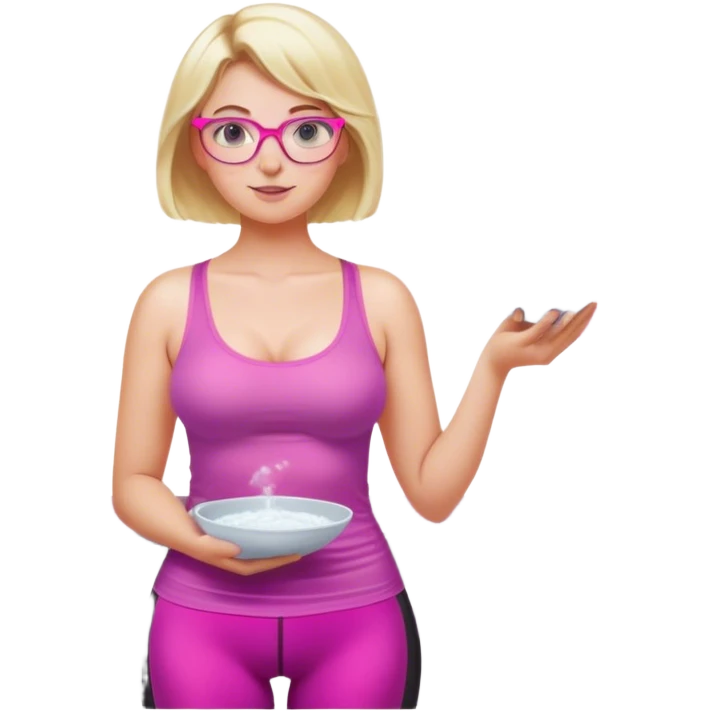 Curvy fair and freckled skinned woman, short blond hair, small light purple reading glasses, washing dishes, short flowing sheer hot pink tank top, without undergarments SFW, black yoga pants, thick booty emoji