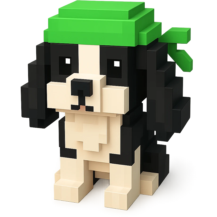 A black and white Russian Cocker Spaniel puppy wearing a green durag, facing forward emoji