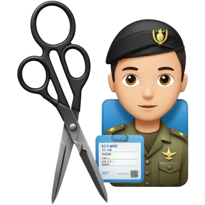 Floating black Scissors cutting an idf soldier ID card in 2 parts .hyper realistic emoji