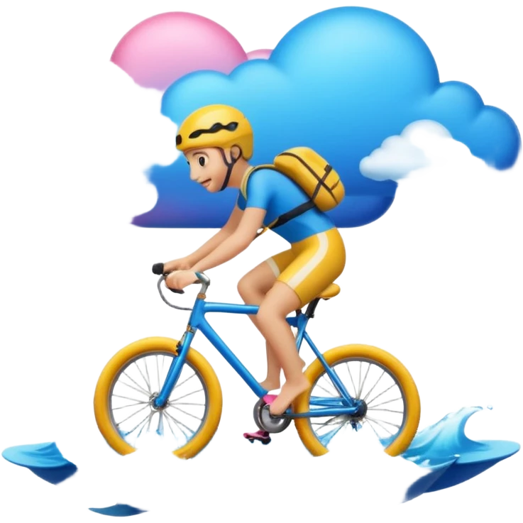 Emoji that first swims in ocean carrying a bicycle, afterwards rides the bicycle up a mountain and afterwards skis in pink clouds emoji