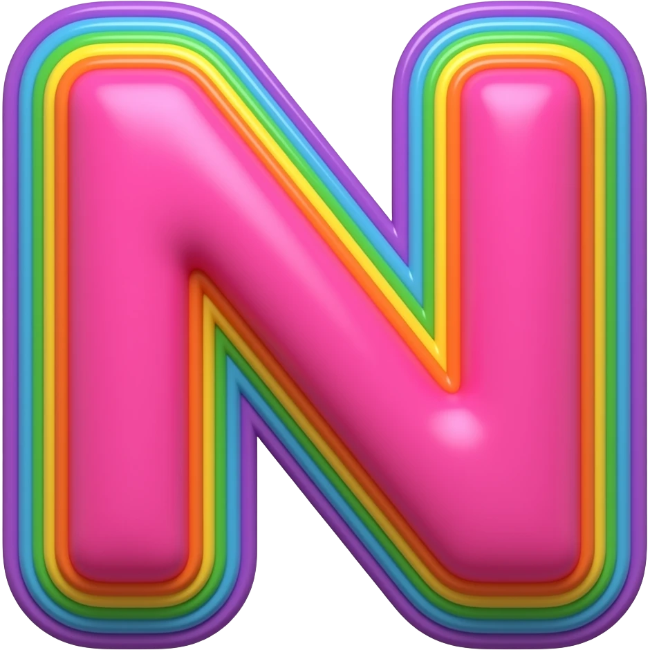 name "n" in hot pink, 3D style typography lettering, each color of the rainbow as a border outlined around each letter, isolated, 3d rendering, no emoji icons no emoji faces and must have no human figures emoji