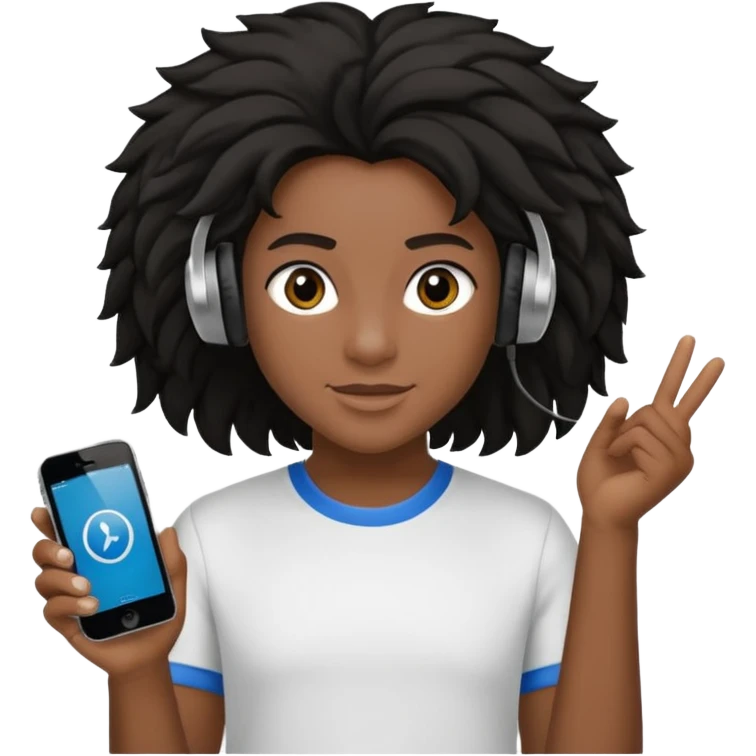 Faça um adolescente de cabelo cacheado   Preto médio sorrindo, com um aparelho dental e fones de ouvido Bluetooth com um moletom branco emoji