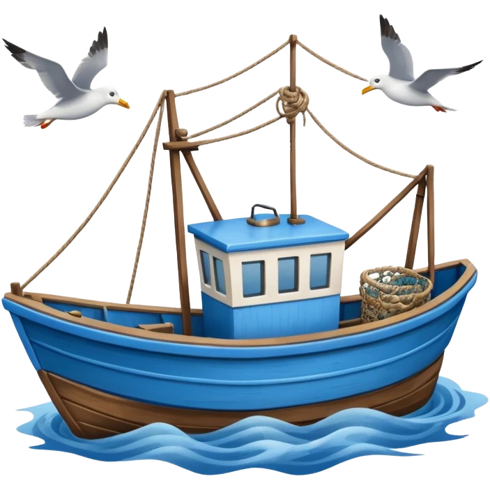 Design a small fishing boat with nets & seagulls around it. emoji