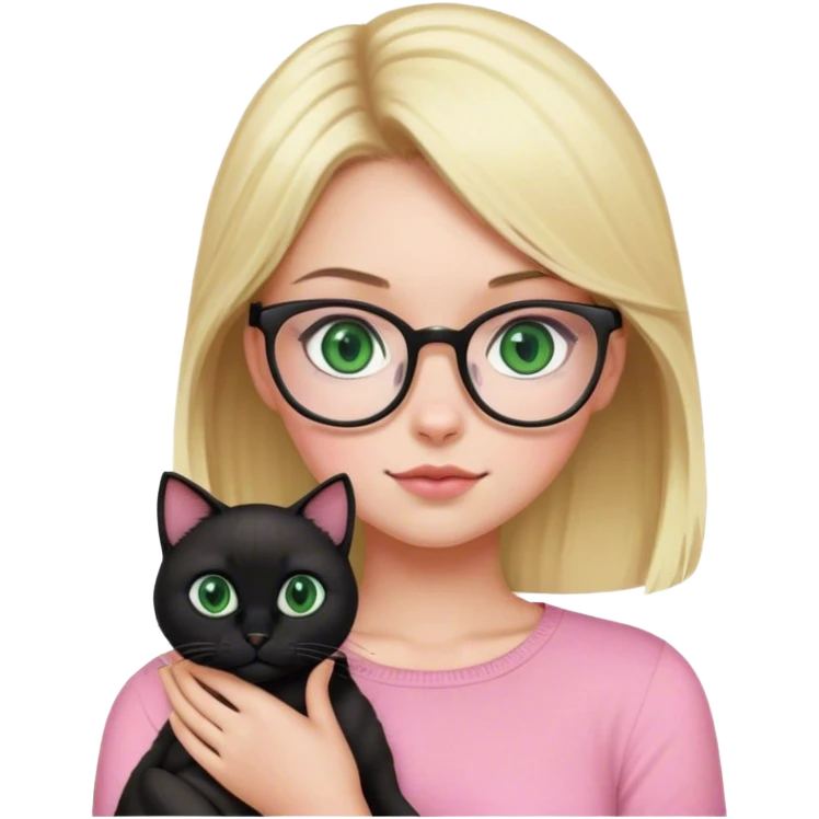 blonde girl with glasses wearing pink with green eyes holding a black cat  emoji