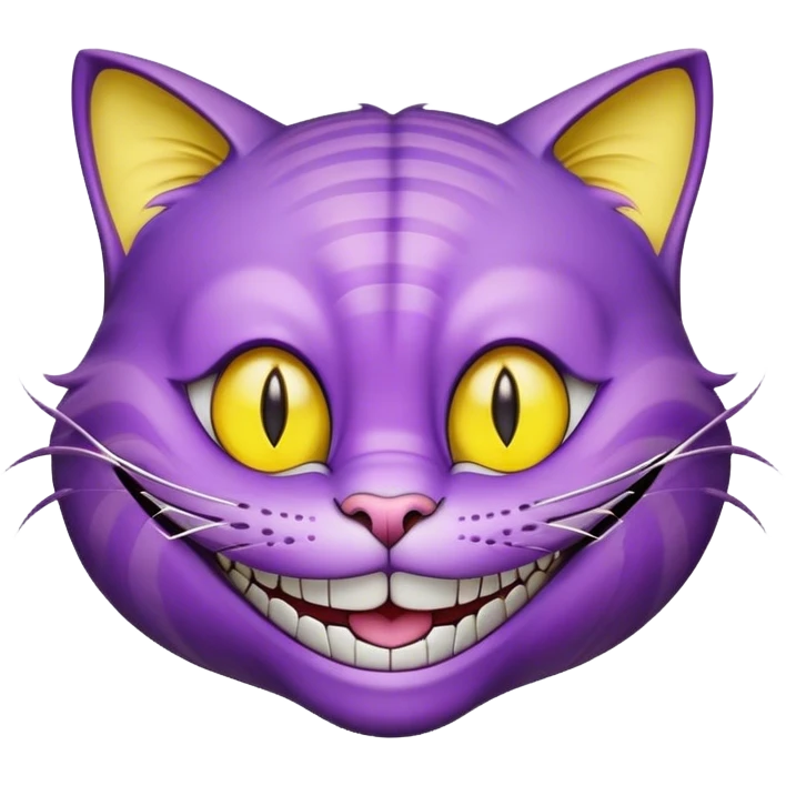 A purple cheshire cat grinning widely with thin yellow eyes emoji