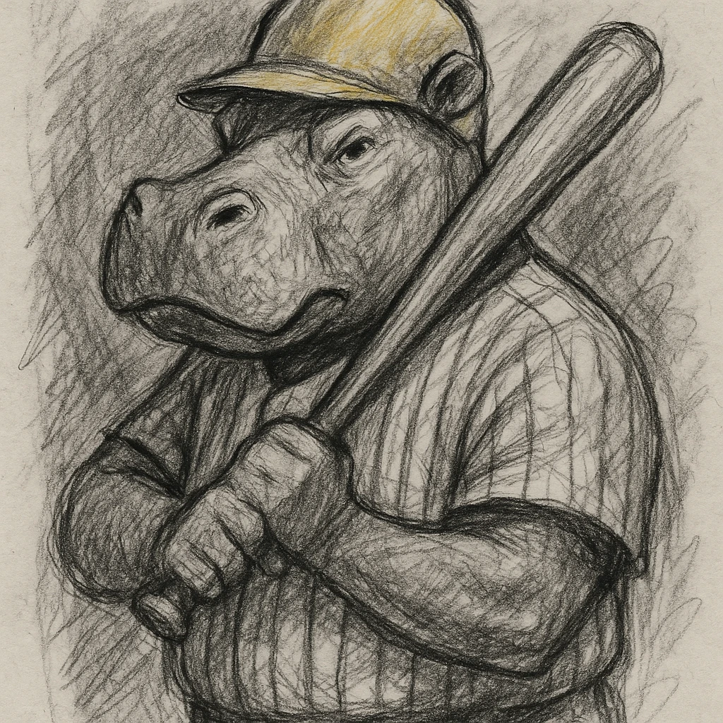 hippo holding a baseball bat, wearing a yellow helmet, pinstripes outfit emoji
