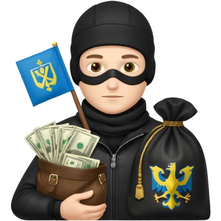 создай реалистичного белого украинца в черное одежде и черной балаклаве с большим мешком денег с  гербом страны на нем  emoji