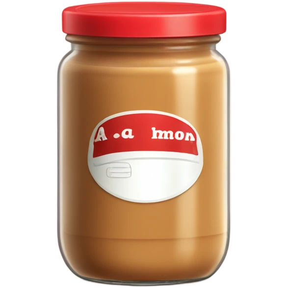 A plain glass jar containing smooth brown peanut butter. Red lid on top. No decorative elements, no faces, no kawaii style. Simple product container design with basic label area. emoji
