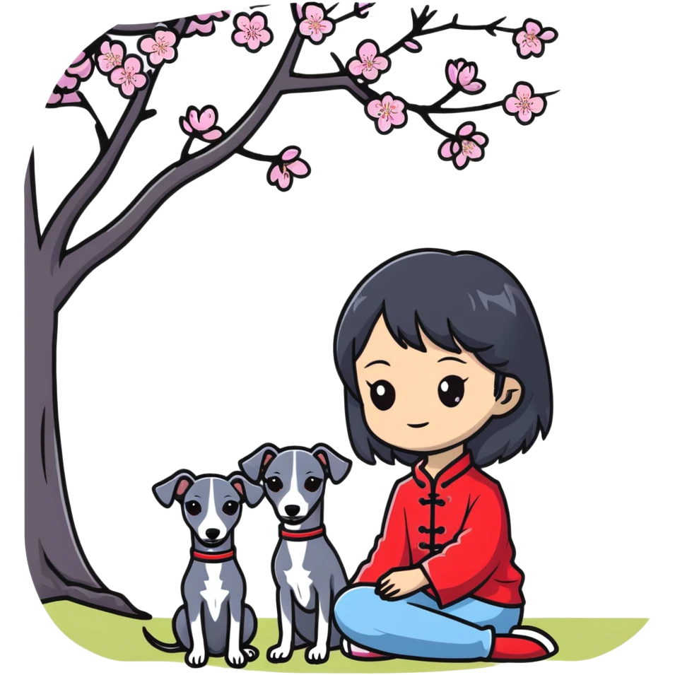 A young Chinese girl with long black hair and a pure dark grey Italian Greyhound with absolutely NO white markings anywhere on its body sitting under a cherry blossom tree. The dog must be completely solid dark grey with no white on muzzle, paws, or chest. emoji