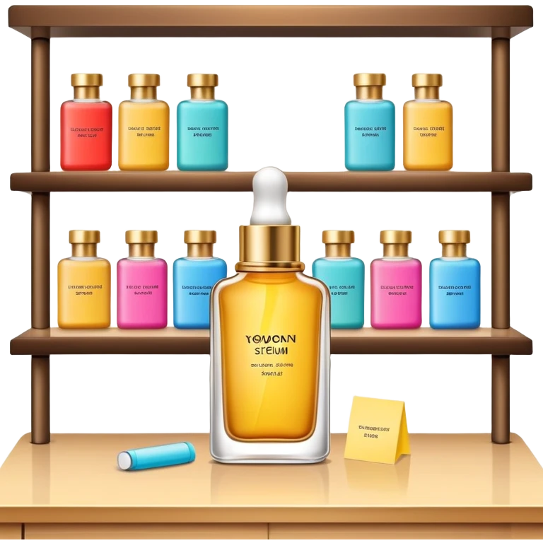 luxury serum bottle with luxury brand label on a shelf, blank sticky note next to it emoji