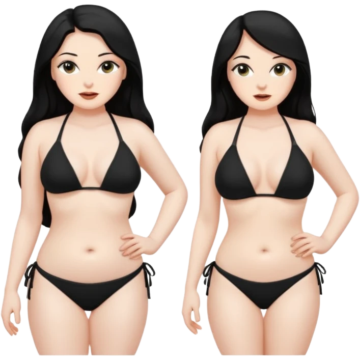 a BADDIEEE with pale skin, dark features,long black hair, in a black bikini and crazy curves  emoji