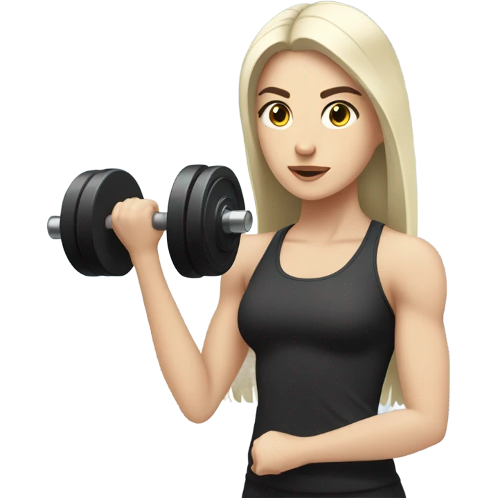 Pale girl with long black hair lifting weights emoji