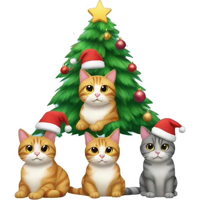 Four different cats sitting under a Christmas tree  emoji
