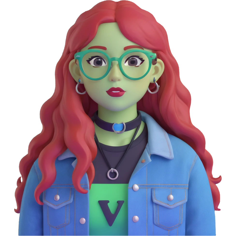 portrait of a cute young woman, long red hair, blue translucent glasses, black choker, septum ring, denim jacket with 'LIB' patch, calm face emoji