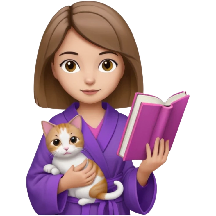 Девушка с короткими волосами до плеч русого цвета, с черными бровями, карие глаза, у неё фиолетовый халат, стоит в полный рост, в руках она держит розовую книгу, а возле ноги кот  emoji