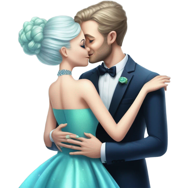 alien reptilian green skin woman, in long slim pastel blue formal party satin dress with gradient shiny sparkling navy blue diamonds embroidered , and caucasian man in black dres on his knees asks her to marry her emoji