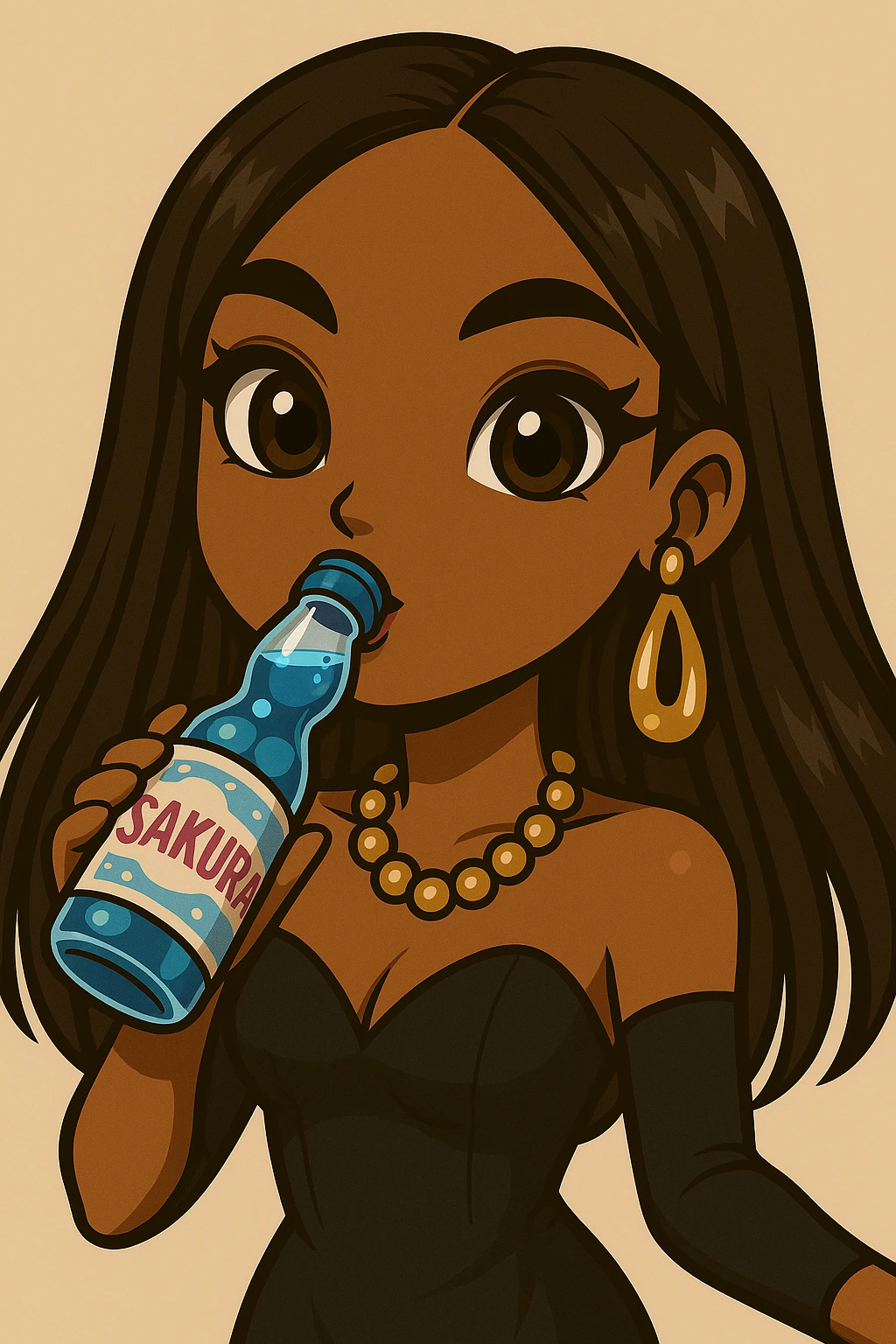 Add the word 'Sakura' to the blue Ramune soda bottle label. Headshot only of a 20-year-old anime Bratz style woman with dark skin, straight hair, trendy outfit, big expressive eyes, glossy lips, no hat, no tears, happy expression, both eyes open, looking straight ahead, drinking blue Ramune soda from the classic glass bottle. emoji