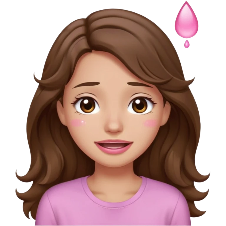 girl with wavy long brown hair, brown eyes, light to medium complexion, long lashes, light pink lipstick, wearing light pink shirt, smiling, crying with big pink tears emoji