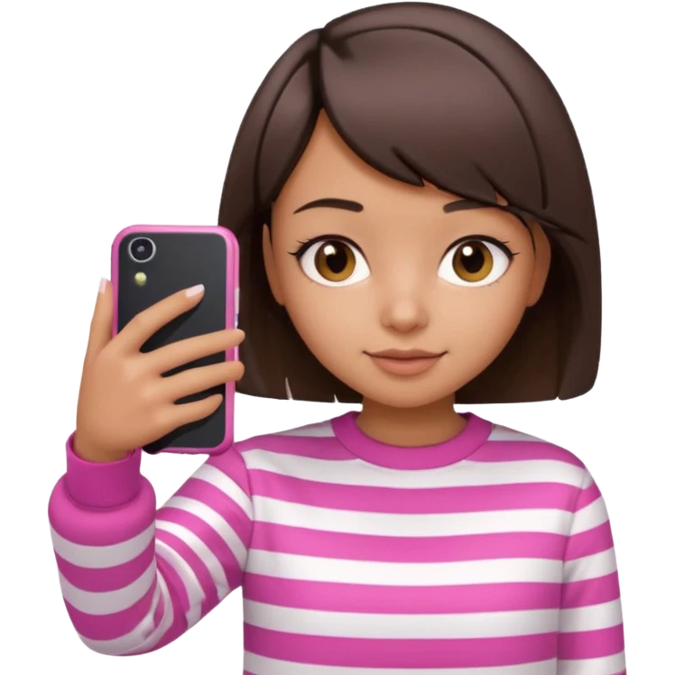 Emoji of a cute 3D girl with short dark brown bob hairstyle, wearing a pink and white striped sweatshirt. She is holding a phone and taking a selfie, white background.

 emoji