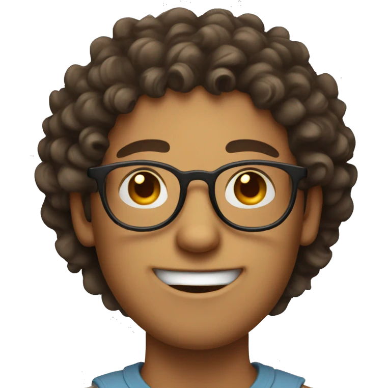 guy with round face and round glasses, curly hair and brown eyes, smiley  emoji