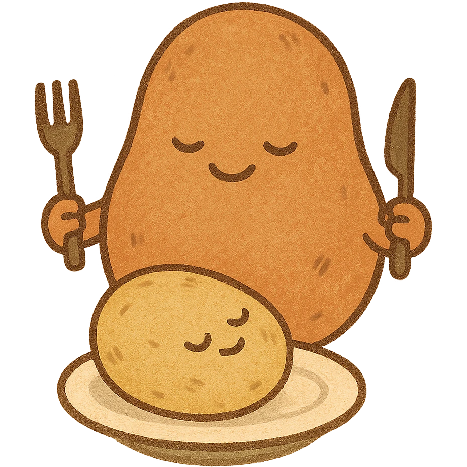 a potato holding fork and knife eating another potato, funny and cartoonish style with Turkish humor influence emoji