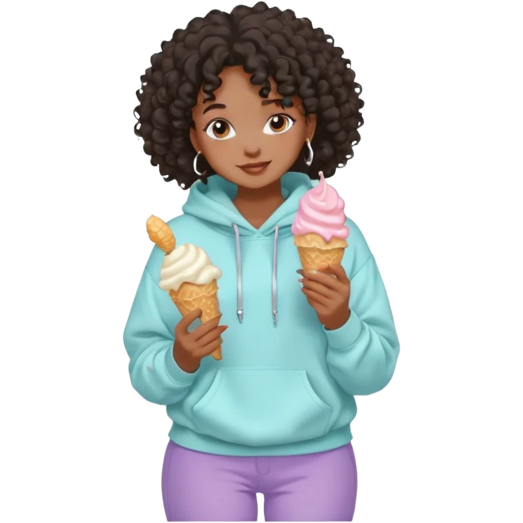 Black girl, clean girl aesthetic, 4C curly hair in a puff, pastel hoodie, white sneakers, minimal jewelry, soft smile, cozy vibe, bright colors, Apple-style emoji comendo sorvete  emoji
