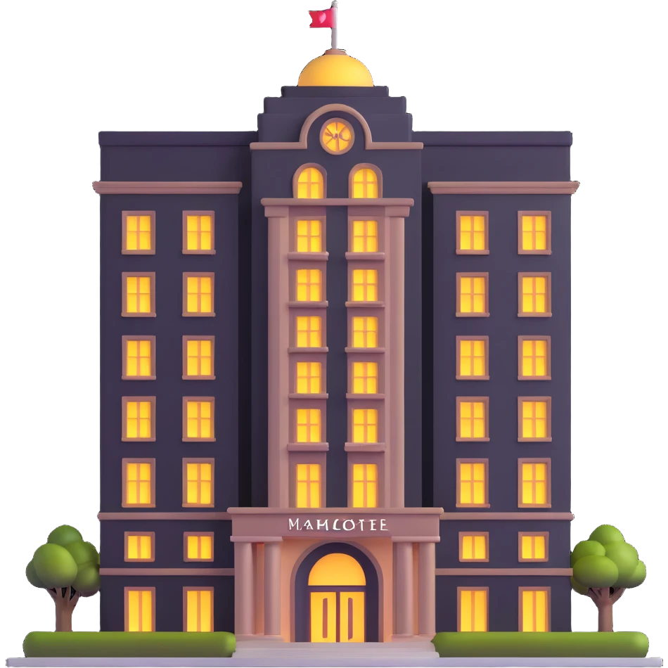 luxurious hotel building with lit entrance and many floors emoji