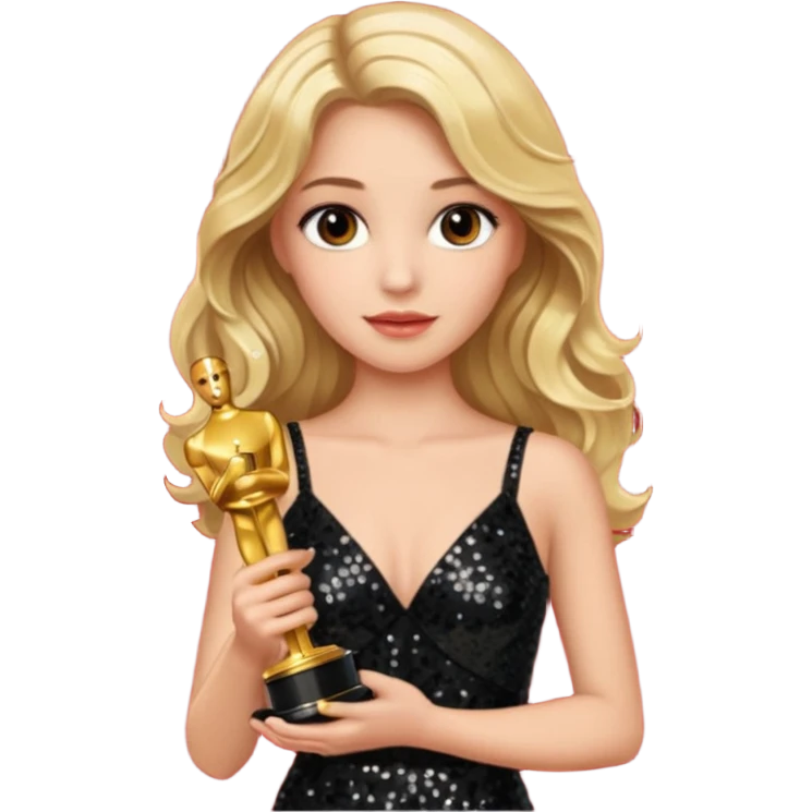 blonde model, brown eyes, long wavy hair, oscars red carpet, black sequin, holding oscar emoji