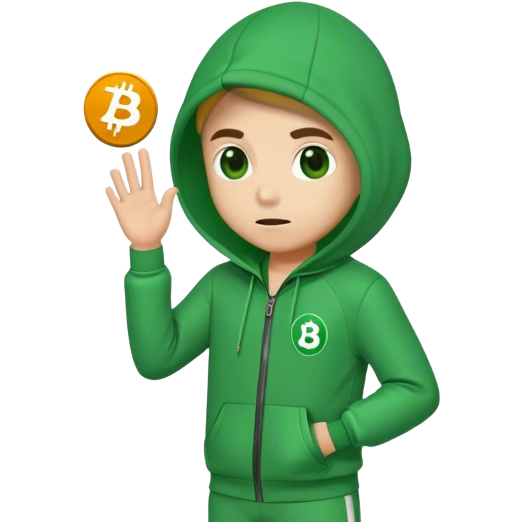 "Squid Game player emoji, green tracksuit with number 333, Bitcoin symbol ₿, representing his involvement with cryptocurrency emoji