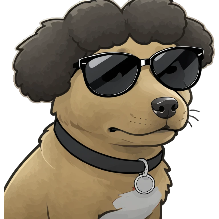 Anime Dog with black fashionable sunglasses and an Afro put up the peace sign and sitting in a squat. emoji