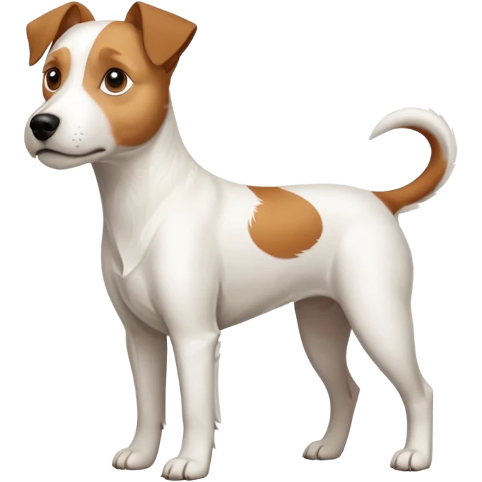 a full body large white parson russell terrier looking dog the size of a kelpie with light brown long ears and a light brown patch on one eye and a large snout emoji