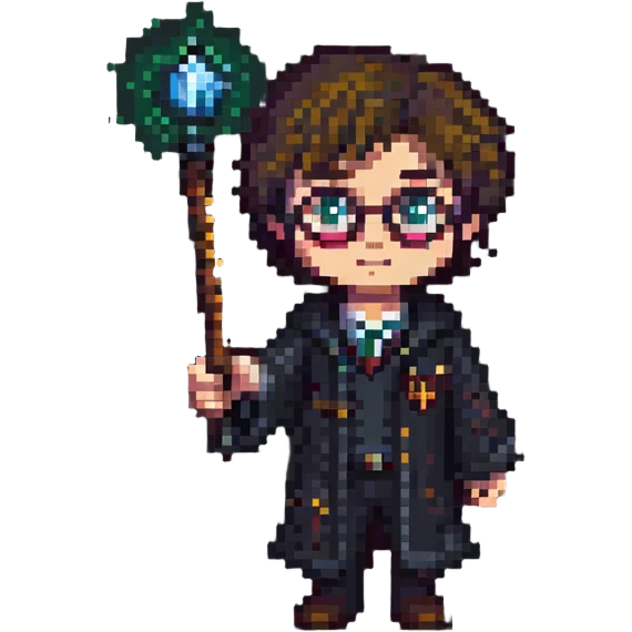 Harry Potter holding a magic wand in pixel art style emoji