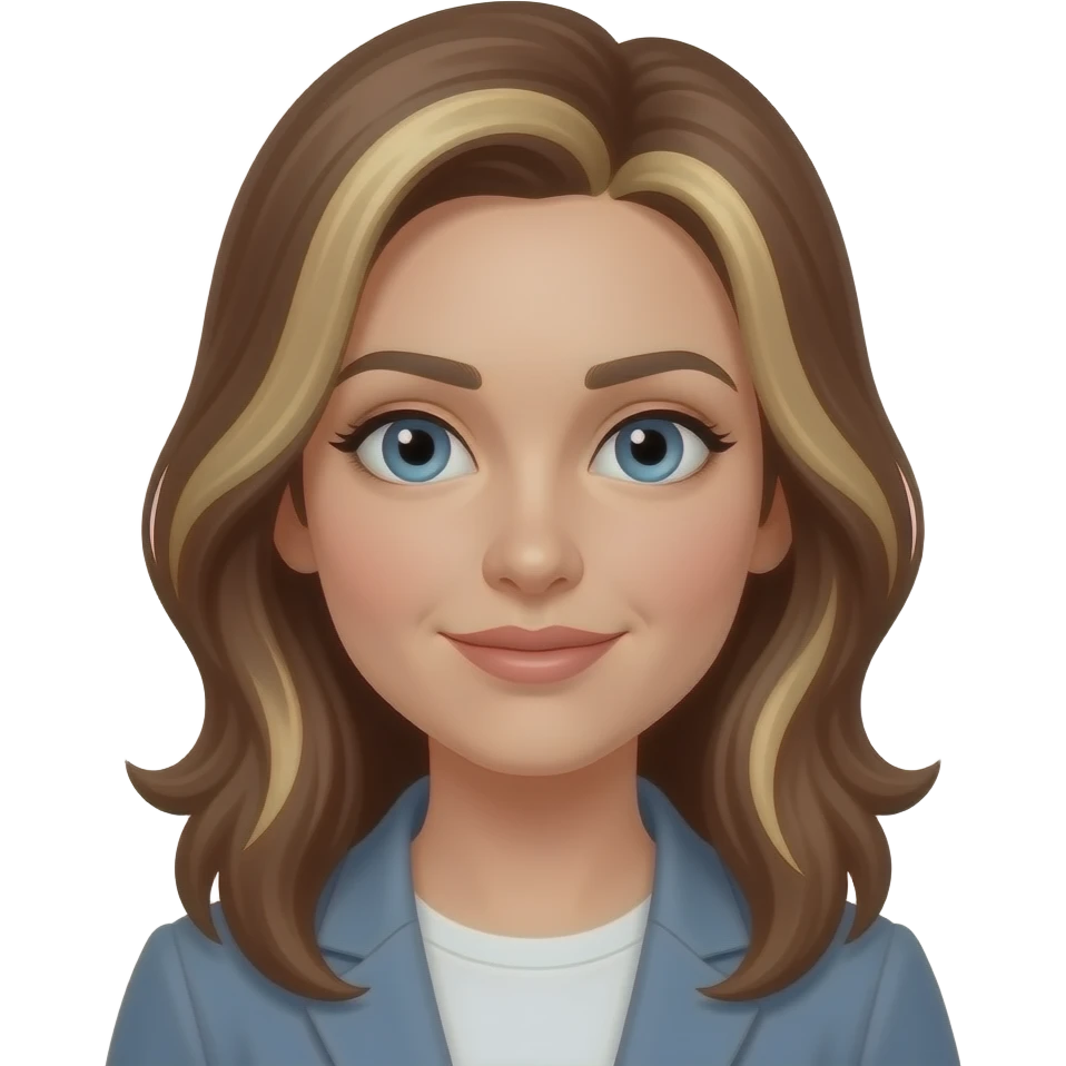 30 year old woman with brown hair and blond highlights and blue eyes emoji