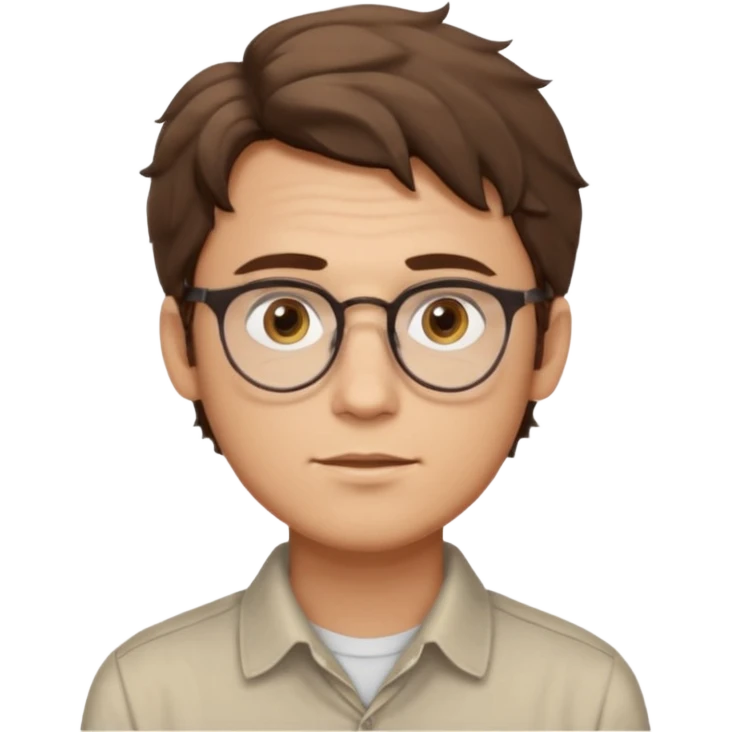 male Slim, slightly oval face, light skin.
Medium-length brown wavy hair, slightly messy.
Brown eyes, round eyeglasses.
Soft, calm expression.
No beard or very light stubble. emoji