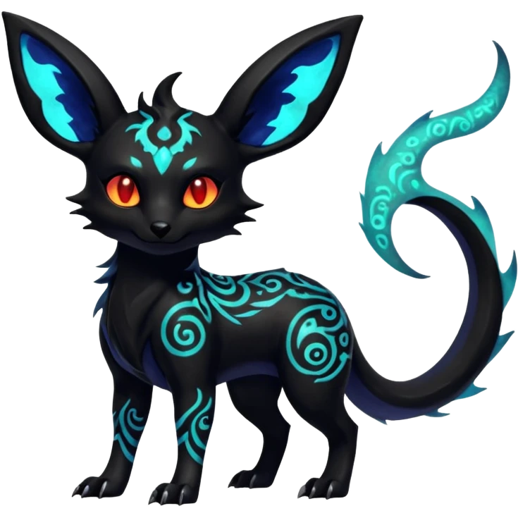 Shiny Fiery Dark Ugly Evil Realisitc Glowing Eldritch Horror Cool Edgy Badass Emo Glorious Demonic Batty Punky Aural Iridescent Fluorescent Bioluminescent Umbreon-Amaura-Salandit-Litten-Flareon-Fakémon-fusion (full body) with intricate pattern markings emoji