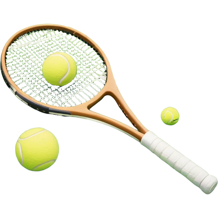 A tennis racket resting on the green grass of a tennis court, with a tennis ball placed nearby and the net stretching across the court. The background captures the fresh, open atmosphere of a traditional grass court, emphasizing the elegance and precision of the sport. emoji