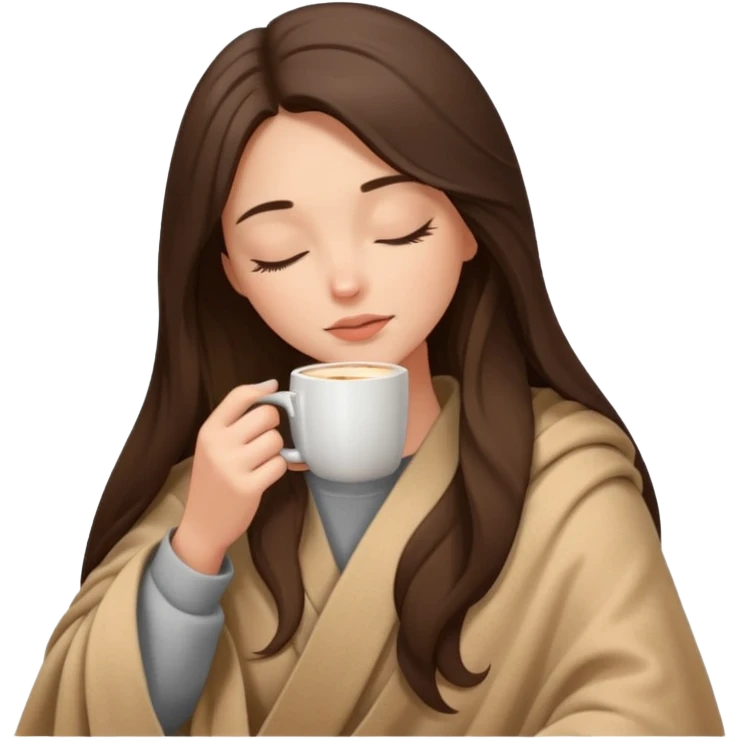 Brunette girl long hair inside a beige blanket sipping coffee eyes closed emoji