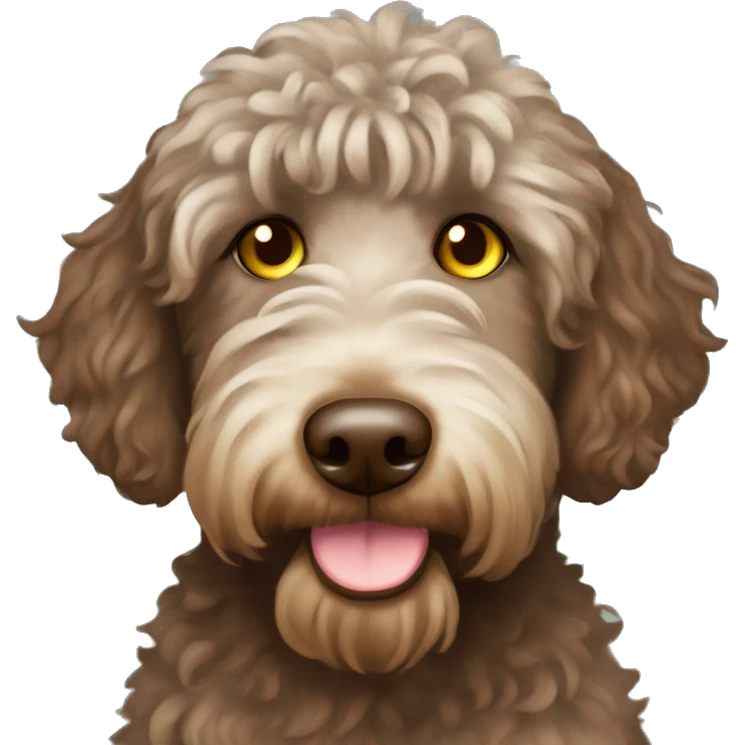 Chocolate and tan labradoodle with yellow-green eyes and hair in a bun on the top of head emoji