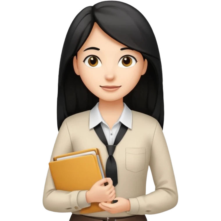 a light tan woman with long black hair past mid-back, round brown eyes, with folders in her hands. she has a id lanyard on and white professional blouse. emoji