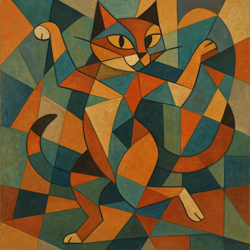 gato bailando, estilo cubista, formas geométricas, colores vibrantes, arte abstracto emoji