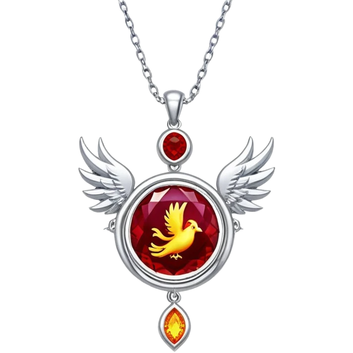 phoenix-inspired ruby pendant, deep red core with yellow ember edges, floating silver chain emoji