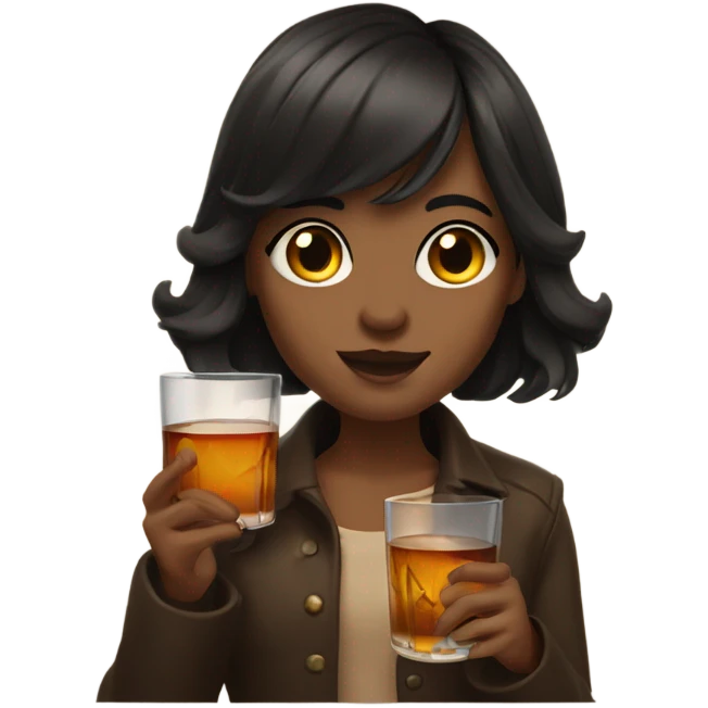 A dark haired girl with slightly wavy hair and bangs holding a glass of whiskey emoji