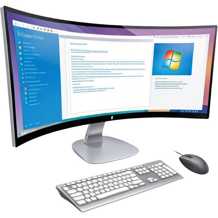 Create an emoji for UX/UI design. Show  large curved monitor displaying windows with UX/UI design HTML program interface. Include a mouse, keyboard, and stylus next to the screens. Use modern, professional colors. Do not include any emojis or smiley faces. Make the background transparent. emoji