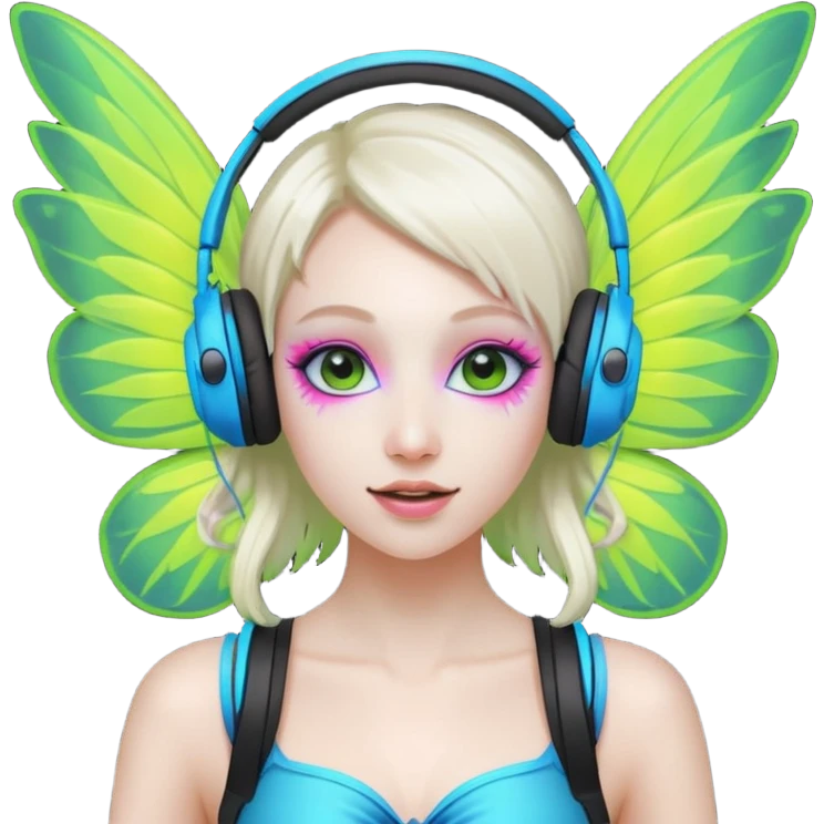 hard techno rave fairy, wearing headphones, dancing, neon wings, minimal background emoji
