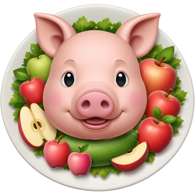 A pig with an apple on his mouth, rounded by vegetables, nested over a white dish. No human expression emoji