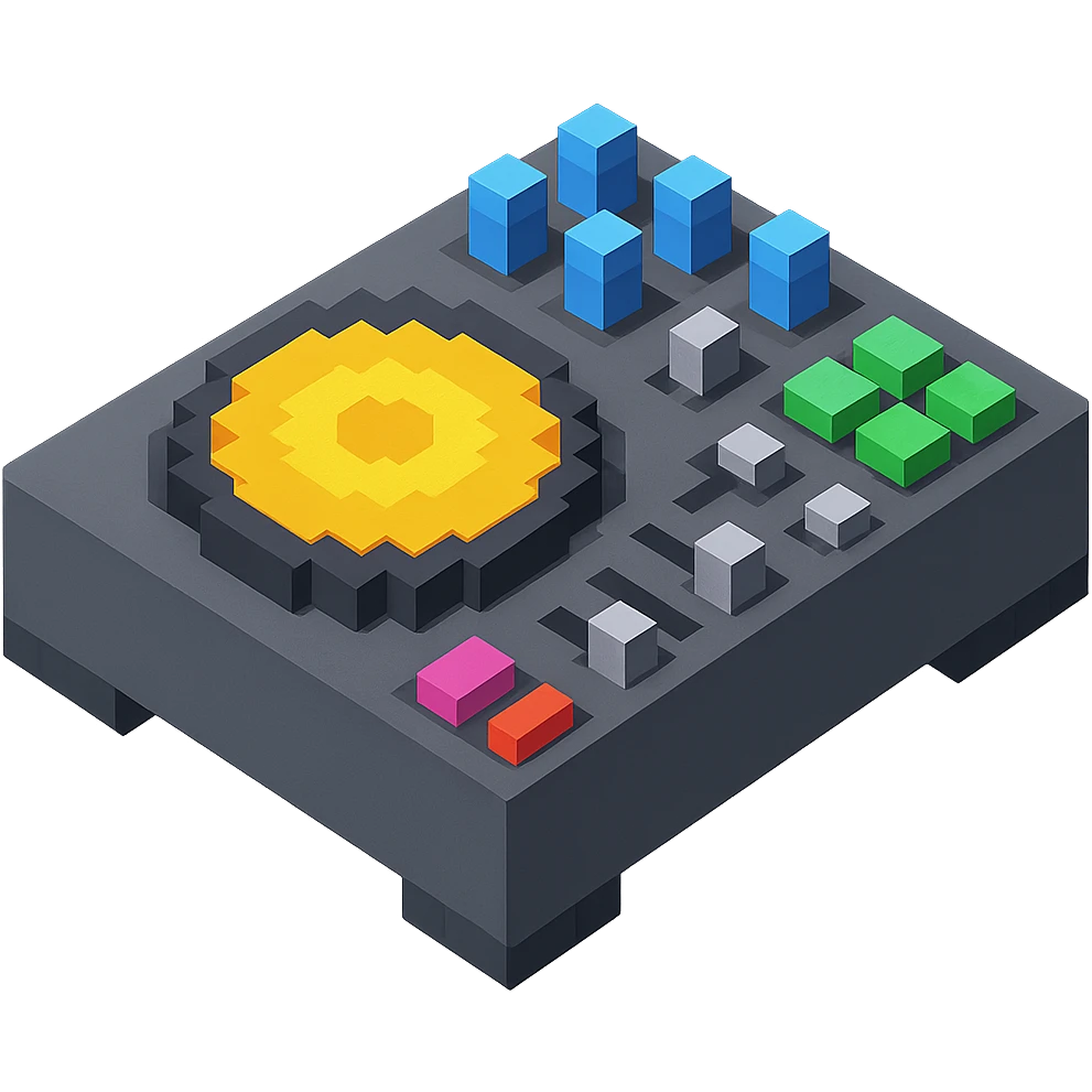 DJ equipment close-up with detailed knobs and glowing buttons emoji