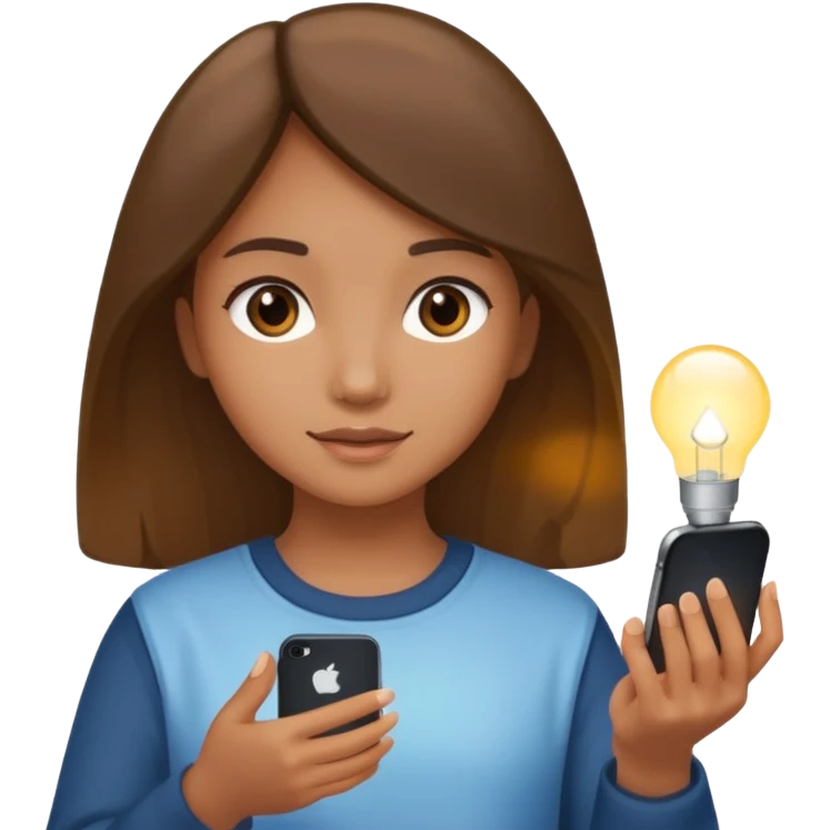 Young girl SMM with Iphone and light in hand emoji
